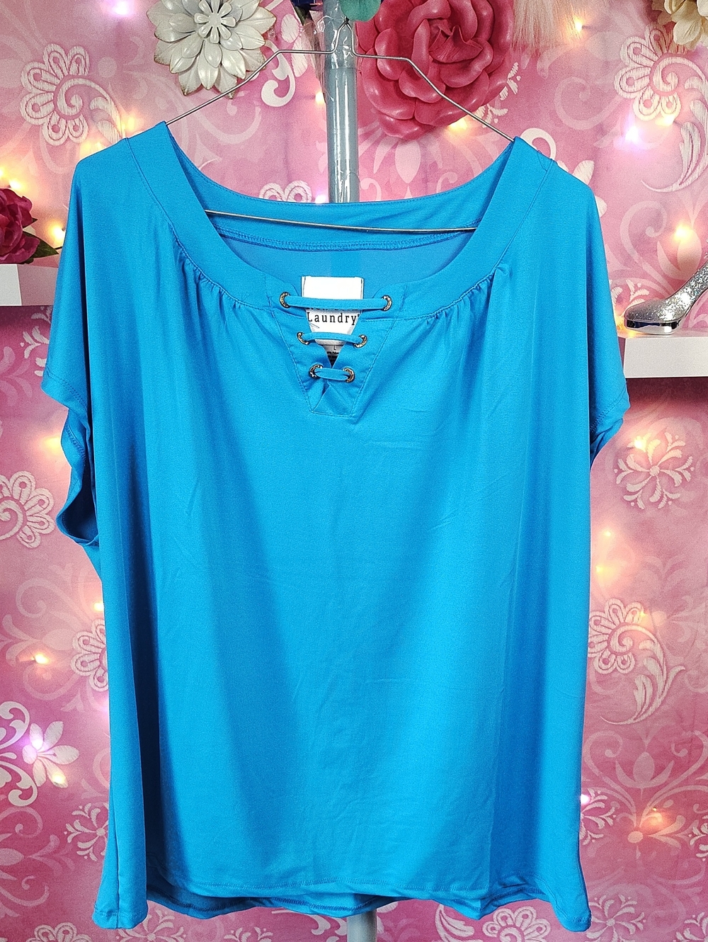 New York Laundry Bright Teal Lace-Up Scoop Neck Short Sleeve Top